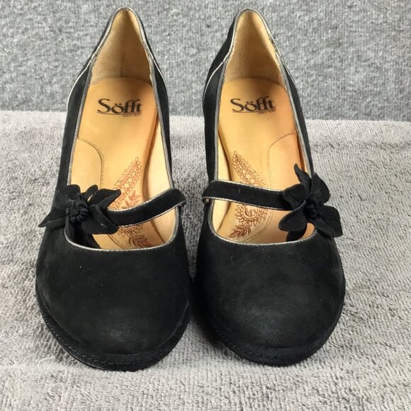 SOFFT Rockabilly BLACK SUEDE MARY JANES 8M PUMPS PLATFORM FLOWER STRAP - Picture 5 of 10